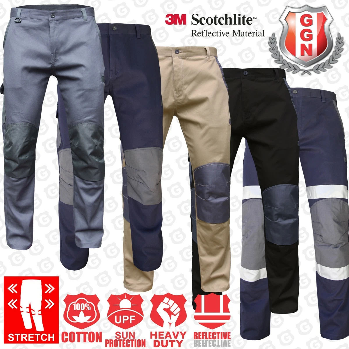 Mens Cargo Work Pants Stretch Cotton Contrast 3D Knee Tactical Trousers