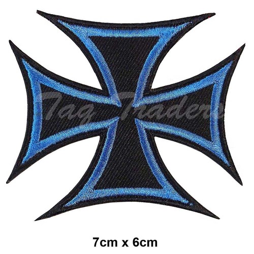 Blue knight cross embroidery patch iron sew on goth fashion badge biker - Picture 2 of 3