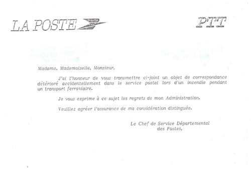 FRANCE LETTRE ACCIDENTÉE AVEC GRIFFE COURRIER RETARDÉ INCENDIE WAGON 17/10/1985 - Imagen 3 de 3