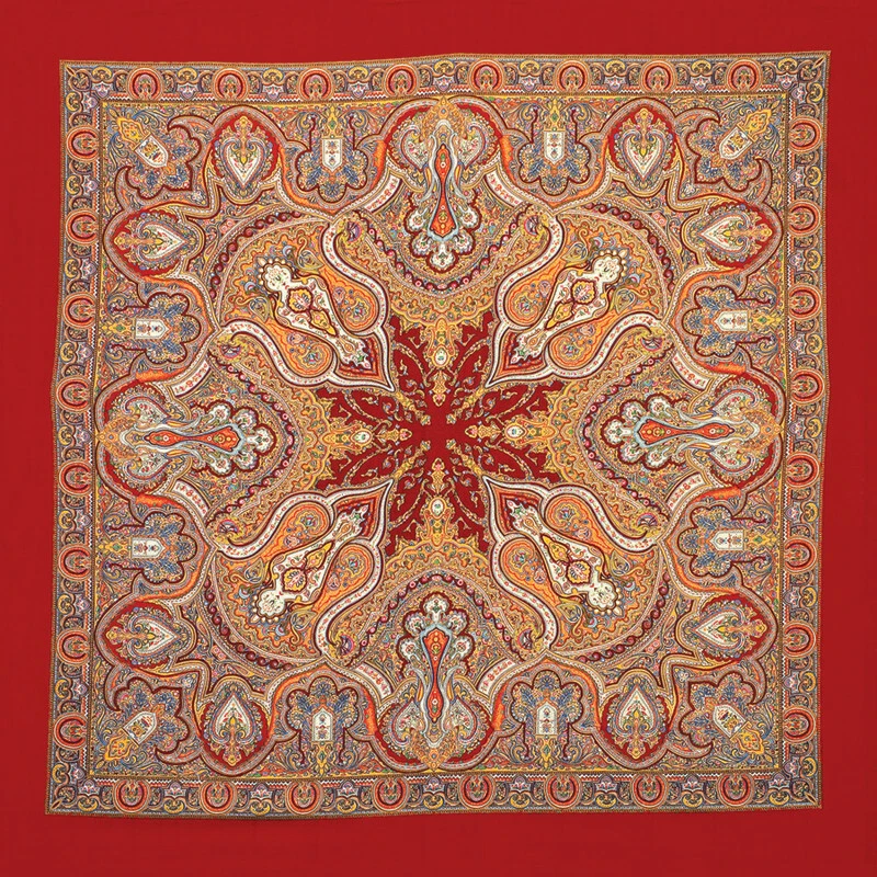 Red Wool RUSSIAN PAVLOVO POSAD SHAWL, Spanish Floral Pattern 710-5, Platok - Image 3 of 4