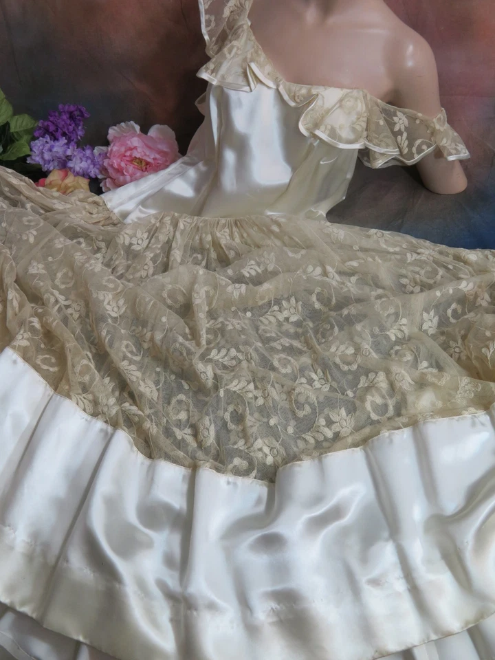 Старинное платье c1930 вышитая сетка кружева тапочки атласный падение талии ар-деко - Изображение 3 из 4