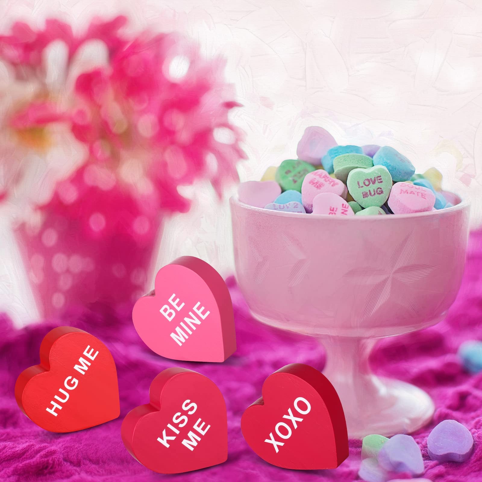 6 Pcs Valentine's Day Decorations Wooden Heart Home Decor Conversation Signs ... thumbnail 2