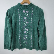 Alfred Dunner Womens Vintage Green Chenille Floral Embroidered Sweater XL