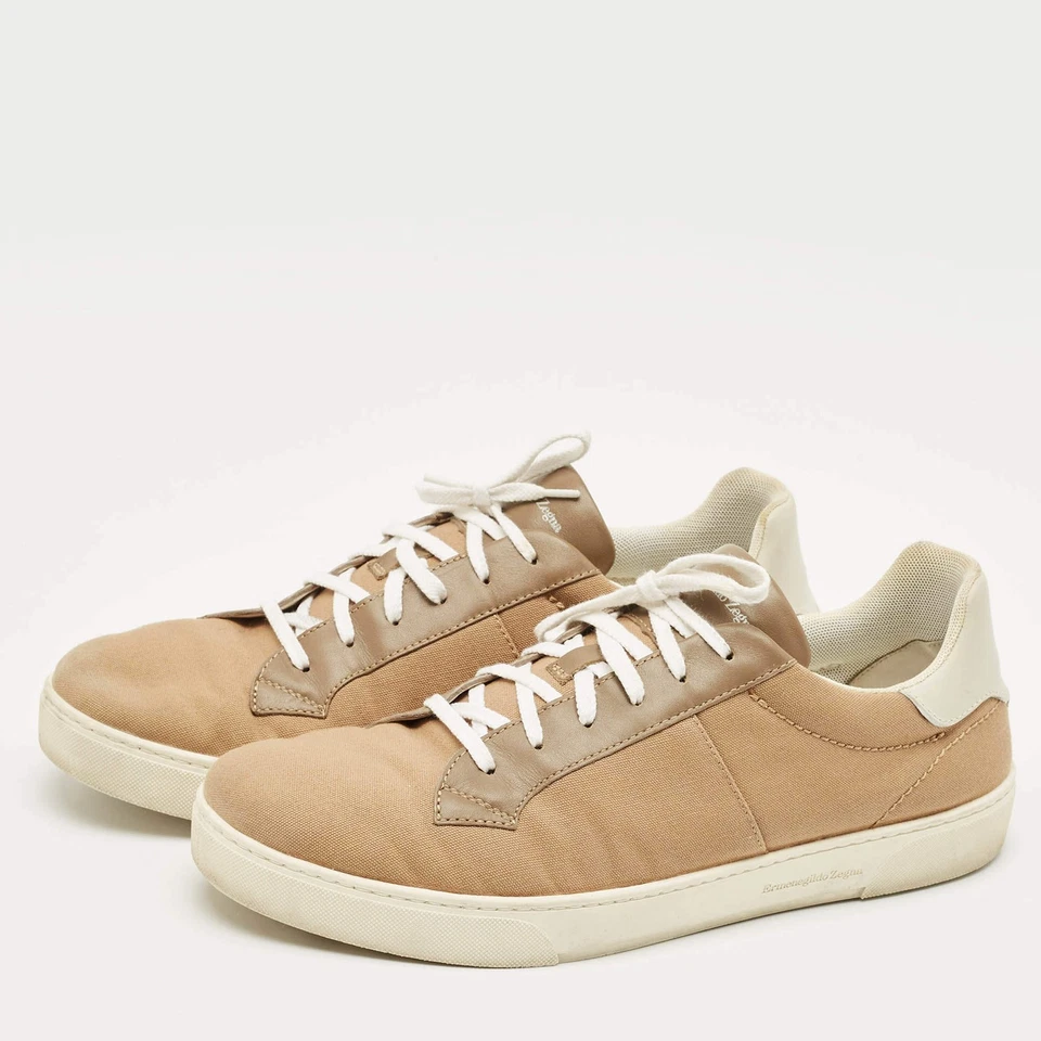 Zapatillas bajas Ermenegildo Zegna marrón camel blanco lona y cuero talla 435 Foto 2 de 4