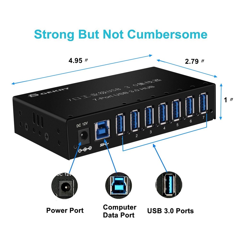 USB Hub 3.0 Powered 7-Port Metal Mountable Data Hub with 36W Adapter Type-A