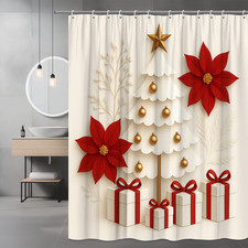 Christmas Shower Curtain with Red Poinsettia and White Tree Design
