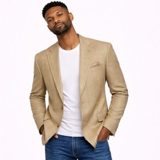 Fabrizio Suit Jacket Blazer 42R Beige Plaid Linen Silk Smart Casual Sportscoat