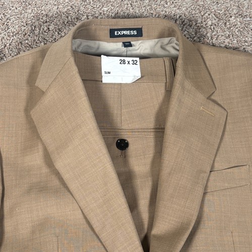 Express Men Slim Fit Suit 36R 28x32 Tan Khaki Wool Blend 2-Piece Set NEW