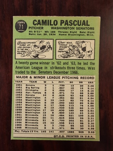 1967 Topps - Camilo Pascual #71 Senators NM or better Sharp - Afbeelding 2 van 2