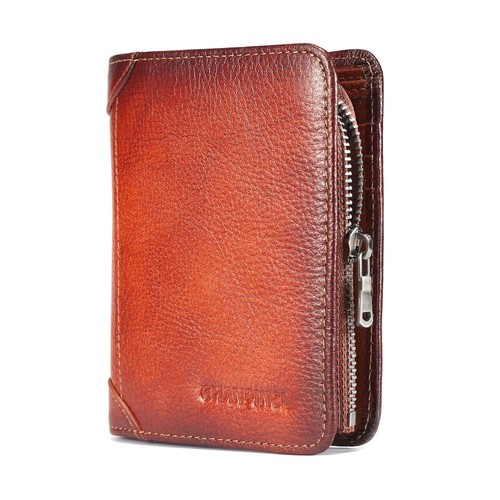 mens zipper leather rfid blocking wallet with 8 card slots 2 ID bits 2 inside...
