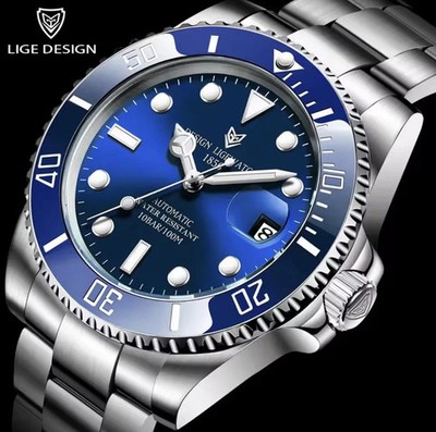Lige Design Luxus Edelstahl Neu Uhr Saphir Mechanisch Automatik Blau