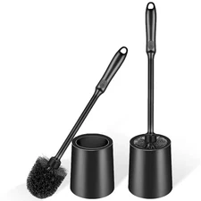 Toilet Brush and Holder 2 Pack with Long Handle - Non-Slip Grip 2 Pack Black