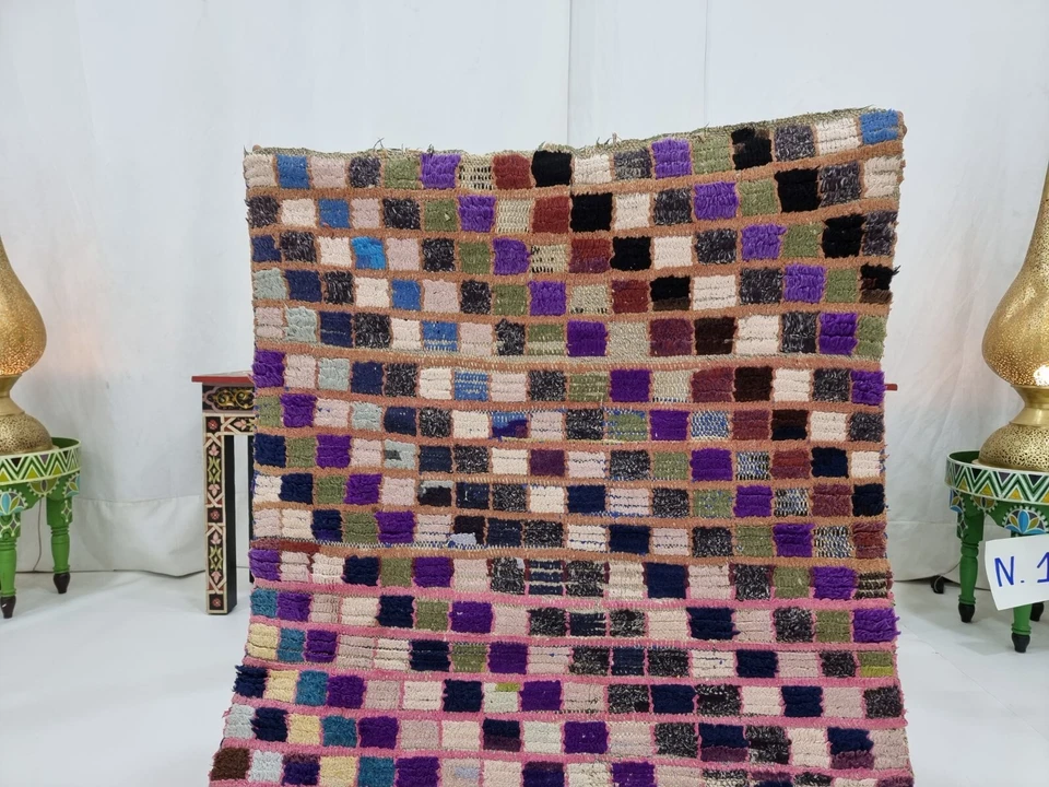 Moroccan Handmade Vintage Rug 3'x5' Berber Checkered Blue Cotton Tribal Carpet - Image 3 of 4