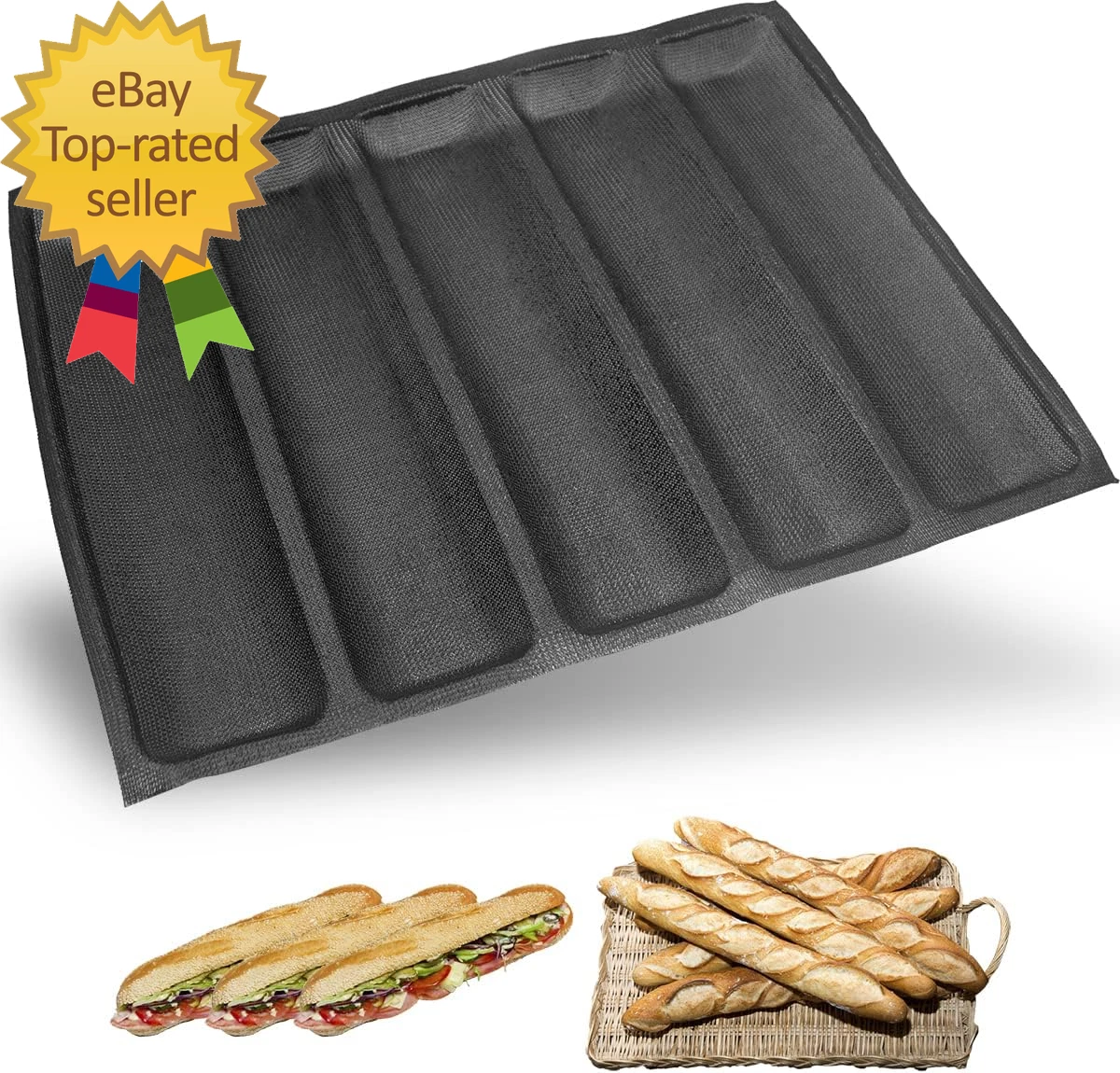 5-Cavity French Bread Baking Pan Hoagie Rolls Pan Soft Foldable for Easy Stor