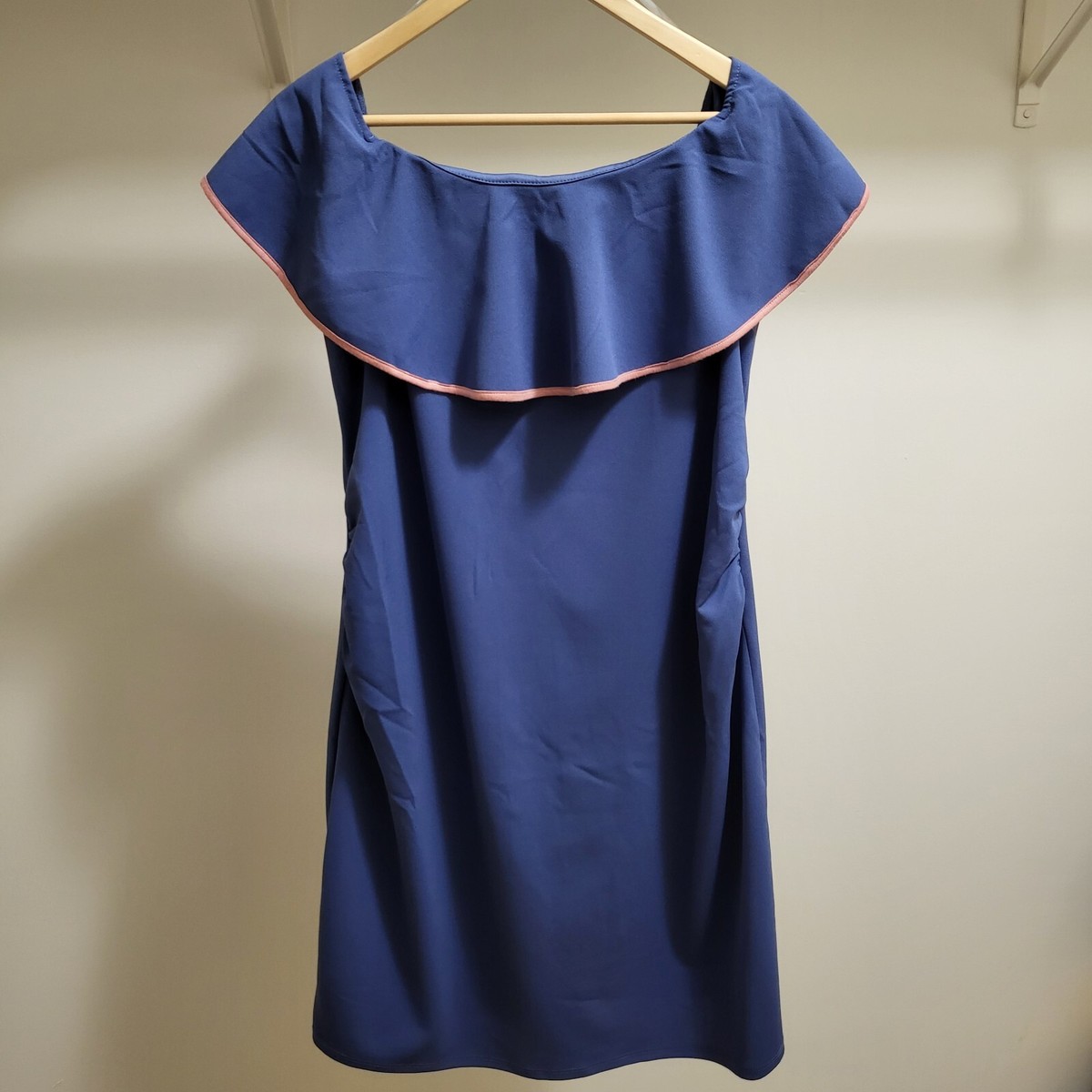 Pink Blush Maternity Dress Blue Pink Trim Size Large Ruffle Off Shoulder  Fitted | eBay