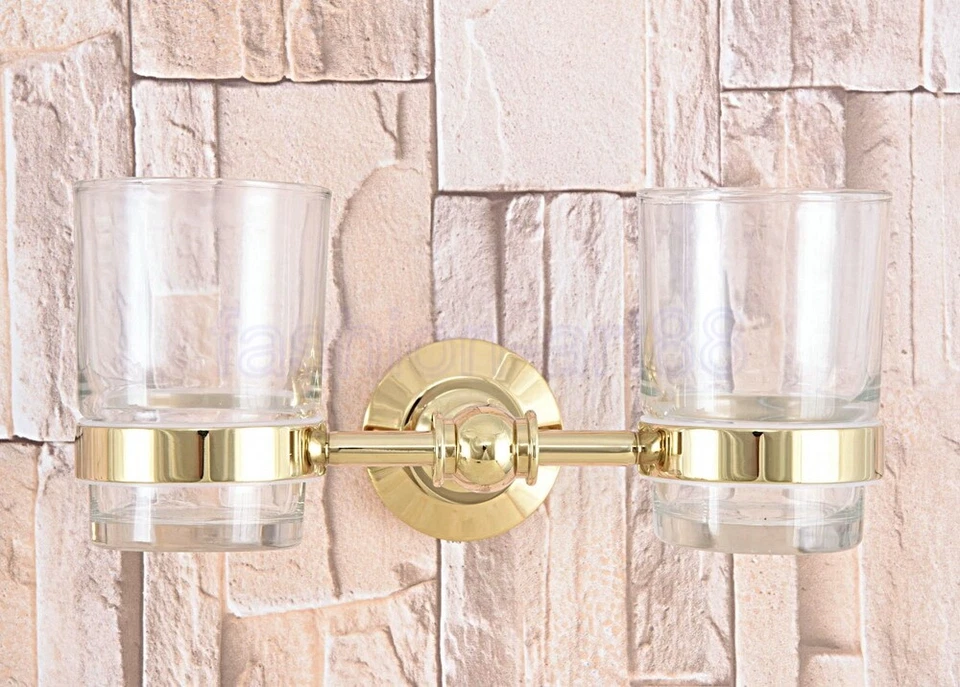 Gold Color Brass Bathroom Wall Mount Toothbrush Holder Double Glass Cup fba318 - Image 4 of 4