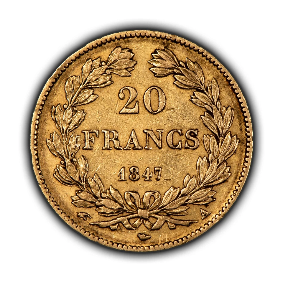 Золотая монета Франции 20 франков 1847-A - немного оригинального блеска - 0,1867 AGW - G3626 - Изображение 2 из 4
