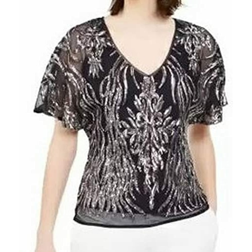 R&M Richards Women Mesh Sequin V Neck Evening Top - Blouse, Size L, $79, NwT