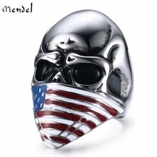 MENDEL Mens Large American Biker Skull Flag Mask Ring Stainless Steel Size 7-15