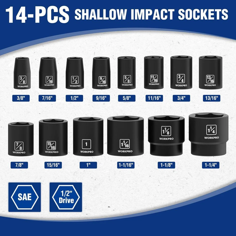 WORKPRO 14PC 1/2" Drive Shallow Impact Socket Set SAE 3/8”-1-1/4" 6-Point Socket - Image 2 of 4