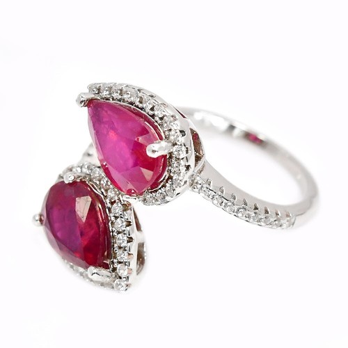 925 STERLING SILVER PIGEON BLOOD RED RUBY PEAR 10X7 MM. WHITE CZ RING SIZE 7 - Picture 3 of 10
