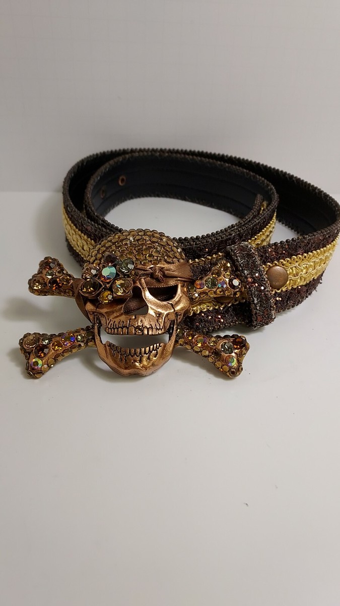 Rhineston Skeleton Skull Crossbones Womans Belt With Copper 