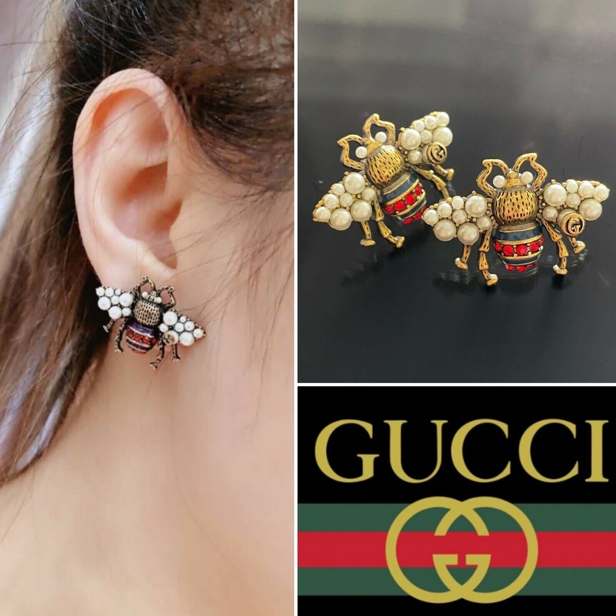 GUCCI Aged GOLD TONE BEE WHITE PEARL CRYSTAL GG Logo GUCCI Aged GOLD TONE BEE WHITE PEARL CRYSTAL GG Logo