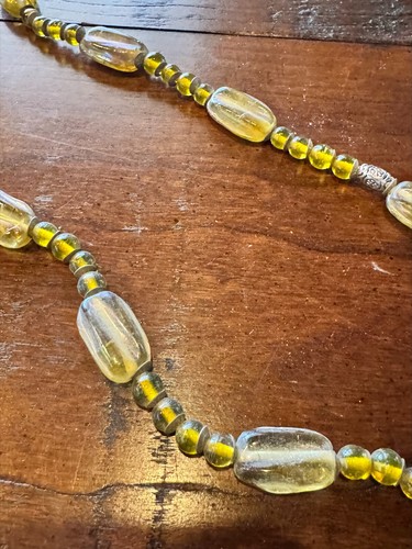Timeless Vintage Yellow Glass Beaded Necklace 68" Long Barrel Beads Silver Space - Picture 4 of 9