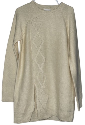 Lovers & Friends Cable Knit Sweater Dress Ivory Mohair Front Slit Long Sleeve M