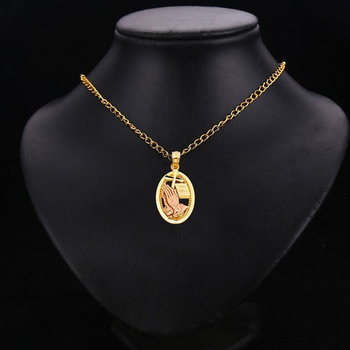 14K Two Tone Gold Religious Praying Hands Pendant - Picture 3 of 4