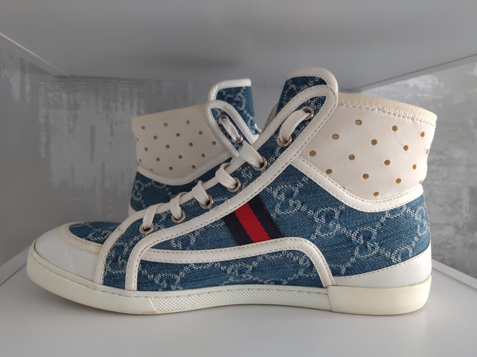 Gucci GG Denim Blue Jean Monogram High Top Sneakers Shoes Trainers White  257555
