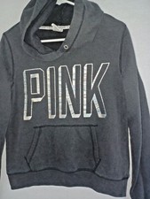 Victoria Secret PINK Hoodie Women's M Gray Black Sweatshirt Bling pocket long