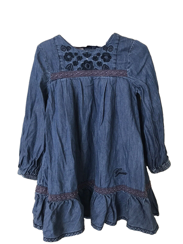 GUESS Kids Girls Denim Dress Size 6 Blue Long Sleeve Floral Ruffles