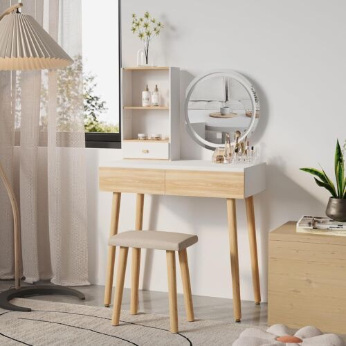 YOURLITE Vanity Set Makeup Table w/ LED Lights Mirror 3 Drawers Cushioned Stool