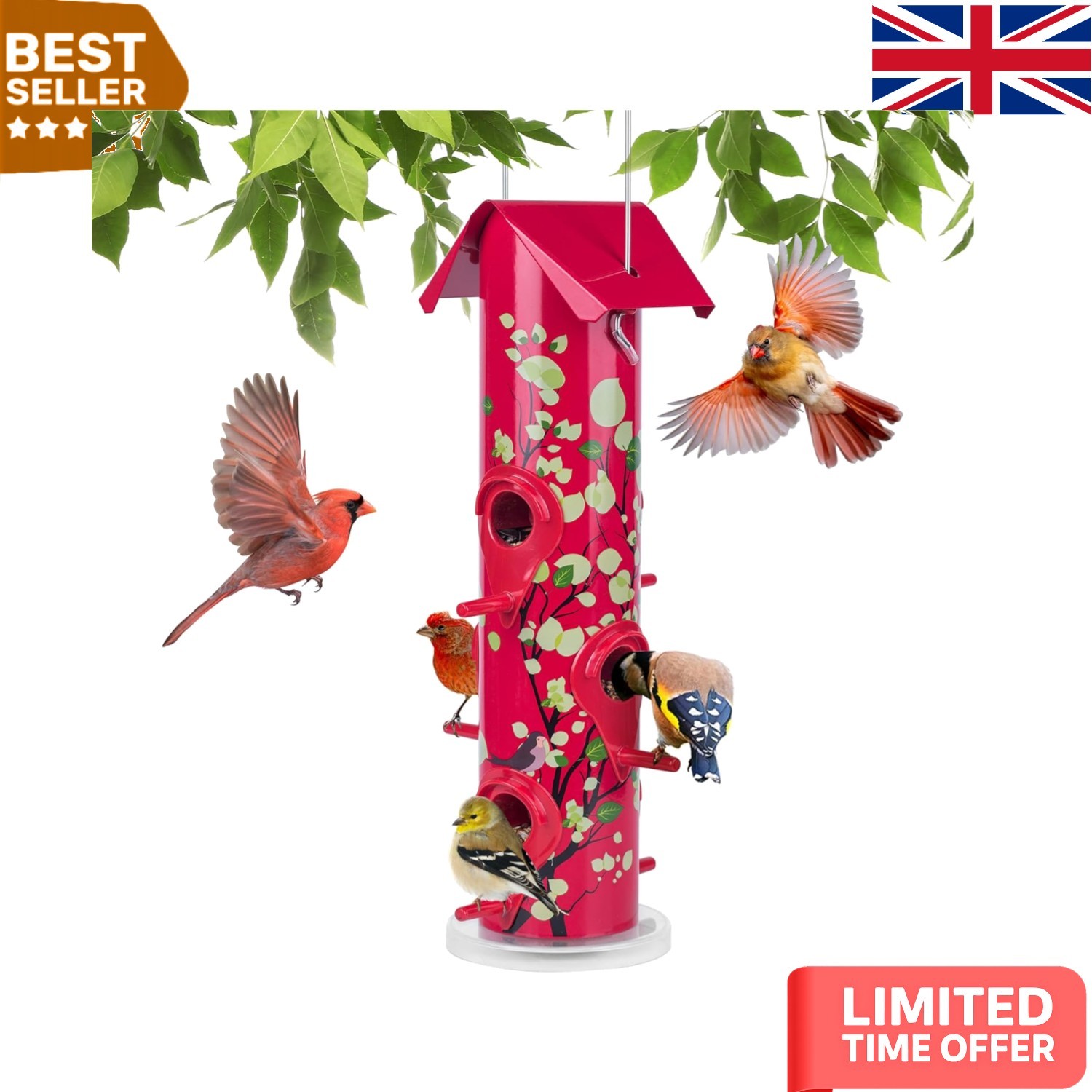 Vibrant Red Bird Feeder with 6 Feeding Ports - Perfect for Attracting Wild Birds