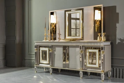 Esszimmer Set Weiß Anrichte Spiegel Elegantes Design Metall Luxus Neu 2tlg. - Bild 1 von 4
