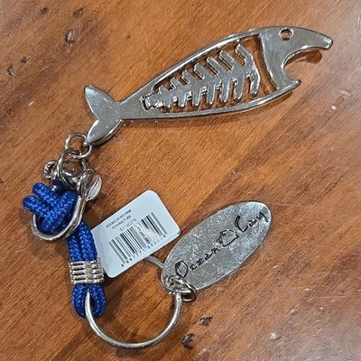 Ocean Cay Fish Skeleton Metal Bottle Opener Keychain Silver Blue Detachable