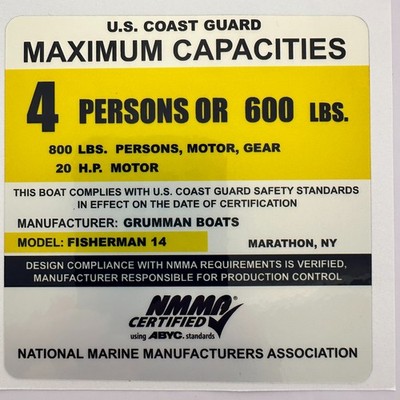 Grumman Fisherman 14 Capacity Decal | USCG 4 Person 20 HP Marine Tag
