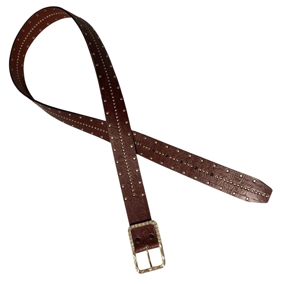 Roper Studded Embossed Leather Belt Women's Size XL Gold Tone Rhinestone Buckle - Image 2 of 4