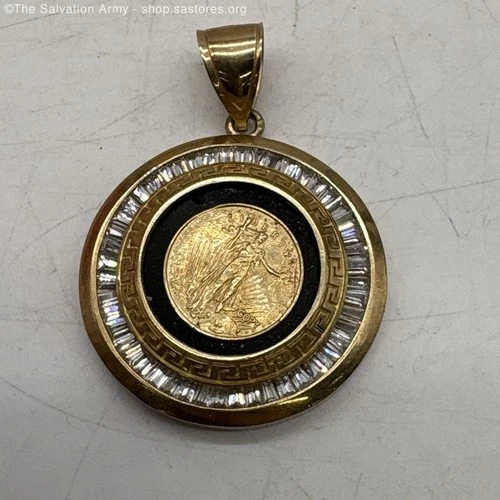 417 10k Yellow Gold Liberty Coin Onyx & Baguette Diamond Pendant - 18.0g