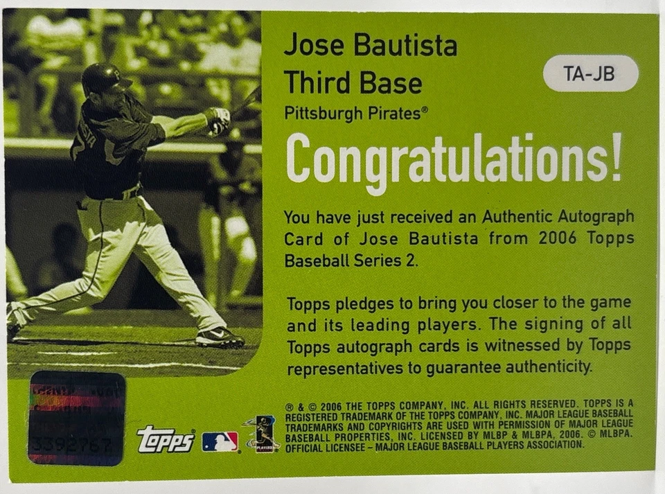 2006 Topps - Jose Bautista - On-Card Autograph Pirates Blue Jays - Image 2 of 2