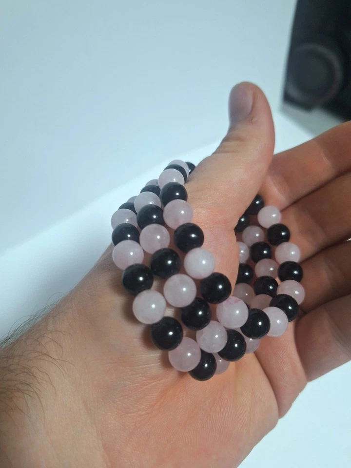 elastisches Perlenarmband aus Stein, Onyx und Rosenquarz Perlen - Bild 4 von 4