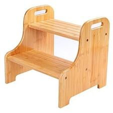 Bamboo 2 Step Stool with Non-Slip Step Treads and 2 Cutout Handles Natural