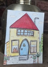 ACEO Original Art Cats Farm Cottage Cat Flowers Whimsical 2.5x3.5 