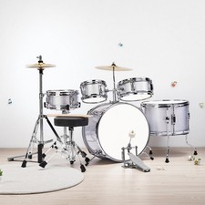 5-Piece Kids Drum Kit - Silver Cymbal Pedal Throne Sticks Junior Beginner Set