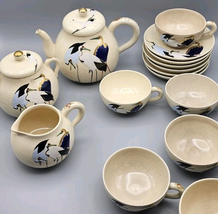 Meiji Gyozan Satsuma Cranes Tsuru Japan Tea Teapot Creamer Sugar Cups Saucers