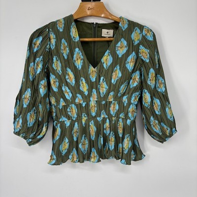 Tuckernuck Maisy Blouse Olive Aqua Diamond Pleated V-Neck Puff Sleeve Top M NEW