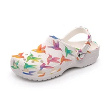 Rainbow Hummingbirds Women's White Rubber Garden Clogs Lightweight Flower Vendor