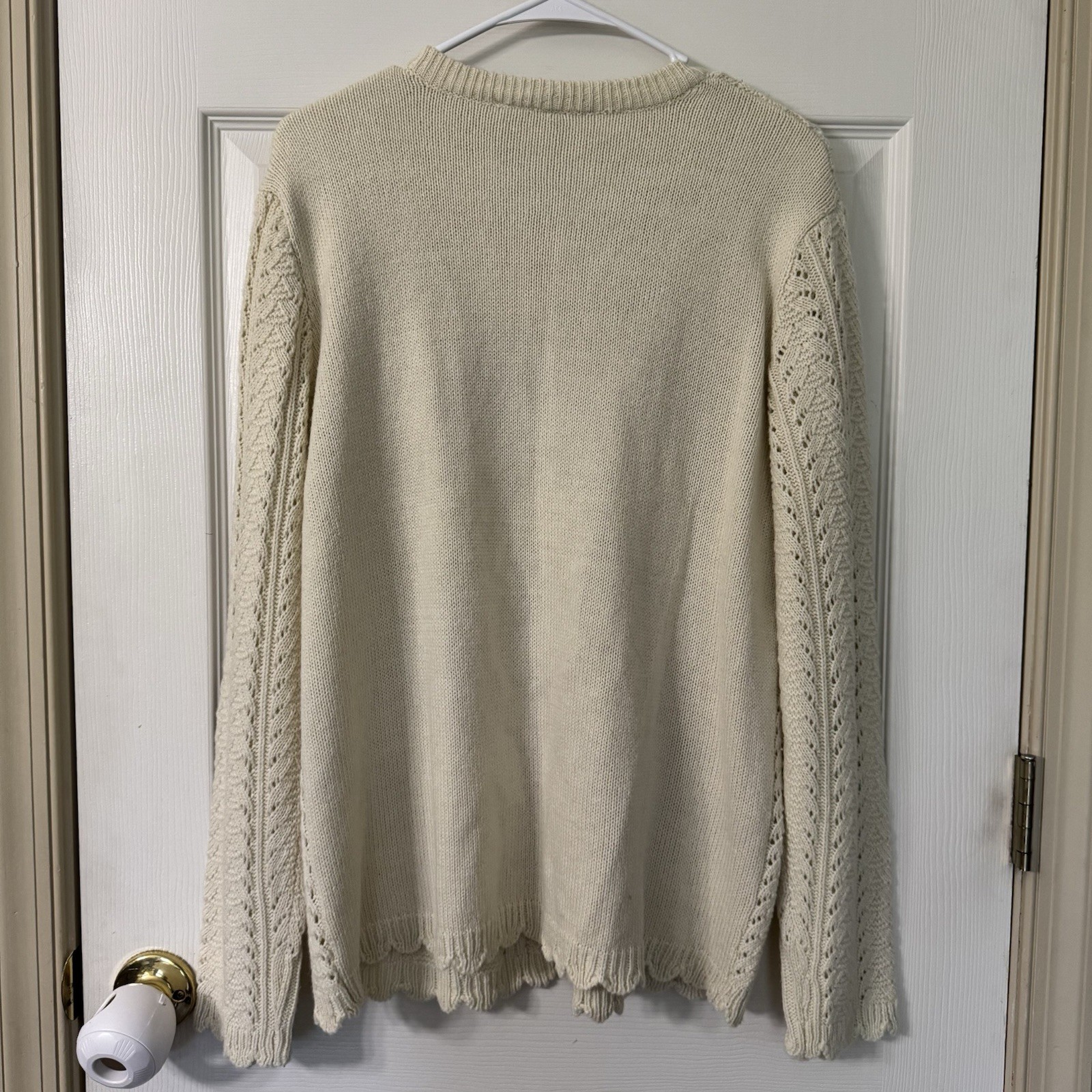 VTG Sara Morgan Large Ivory Cable Knit Cardigan Sweater Scalloped grandma core image 2