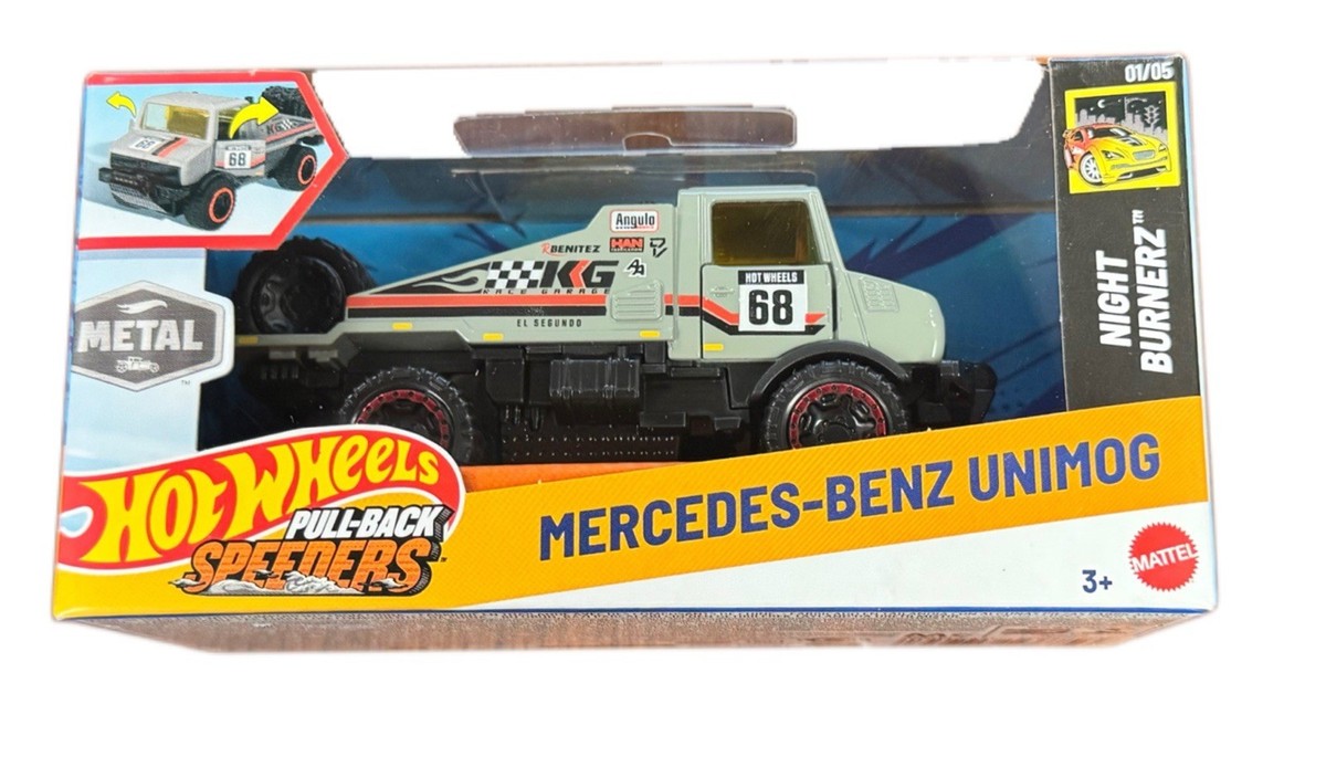 23R-004 1/43 ベンツ Unimog Lkw 2t Tmilgl Hot Wheels Pull Back Speeders Mercedes-Benz Unimog Night Burnerz